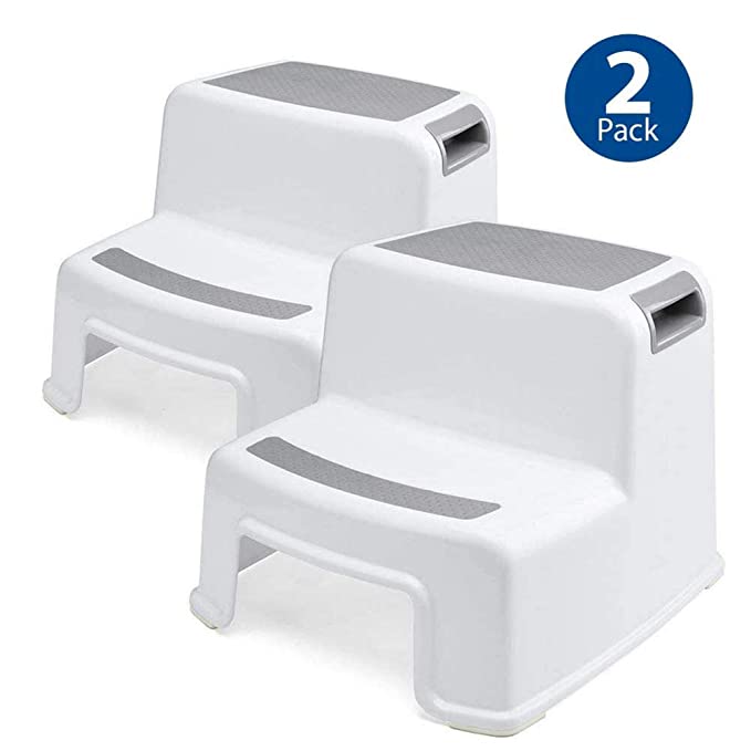 Two Step Stool for Kids (2 Pack) Toddler Stool for Toilet Potty Training Bathroom and Kitchen - Slip Resistant Soft Grip for Safety,Dual Height,Wide Two Step,Stackable