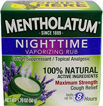 Mentholatum Nighttime Vaporizing Rub with soothing Lavender essence, 1.76 oz. (50 g) - 100% Natural Active Ingredients for Maximum Strength Cough Relief