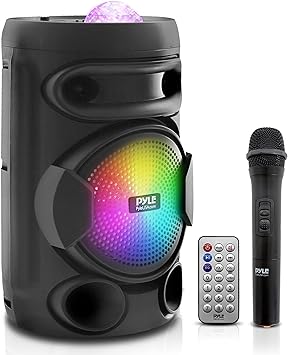 PyleUsa Portable Bluetooth PA Speaker-200W 8” Rechargeable Indoor/Outdoor BT Karaoke Audio System-Party Lights, LED Display, FM/AUX/MP3/USB/SD,1/4" in,Carry Handle-Wireless Handheld Mic,Remote Control