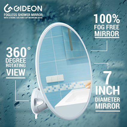 Gideon™ Fogless Shower Mirror with Strong Suction-Cup Mounting Base - 7 Inch Diam., 360 Degree Rotating for Optimal View Position - For Shaving, Hairstyling and Makeup Application