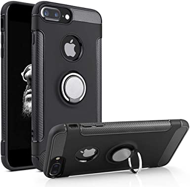 Lamzu iPhone 7 Plus Case/iPhone 8 Plus Case, Shock Absorption Soft Case with 360°Rotation Finger Ring Grip Holder Kickstand [Work with Magnetic Car Mount] for iPhone 7 Plus/ 8 Plus,Black,84