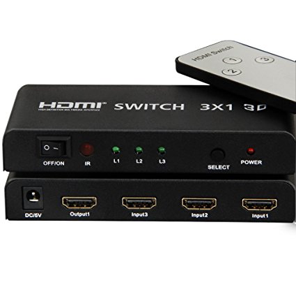 FARSTRIDER High Quality HDMI Switcher   Amplifier 3 in 1 out ( 3x1 ) with IR, 1080P, 3D, 1.4a, Metal box, 24K Gold Plated Connector - Compact HDMI Switch Switcher 3 in 1 ( 3x1 ) out 3 Ports Port with Built-in IR Wireless Remote Control Metal Box Hub Support 720, Full HD 1080P, Full 3D, HDMI 1.3, 1.4 (v1.4), 1.4a, with Power Adapter for PS4, Samsung, HD TV, Xbox, Blu-ray and all the Device with HDMI Interface (Best Auto Automatic Sensing Switching)