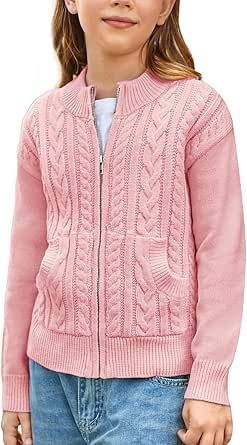 GRACE KARIN Girls Knit Cardigan Sweater Zip Long Sleeve Kids School Uniform Fall Jacket Size 6-14