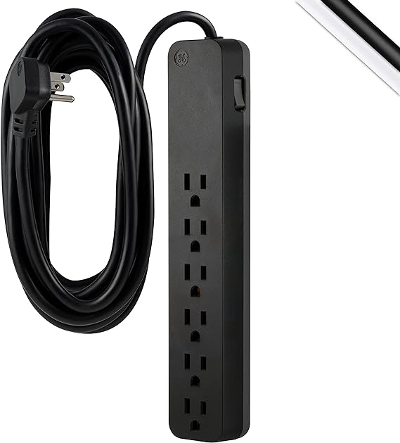 GE home electrical GE 6-Outlet Surge Protector, 20 Ft Extension Cord, Power Strip, 840 Joules, Flat Plug, UL Listed, Black, 62942