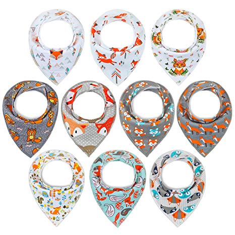 10-Pack Bandana Bibs Upsimples Baby Drool Bibs for Drooling and Teething, 100% Cotton Super Absorbent, 10 Stylish Design for Baby Toddler-"Fox Set"