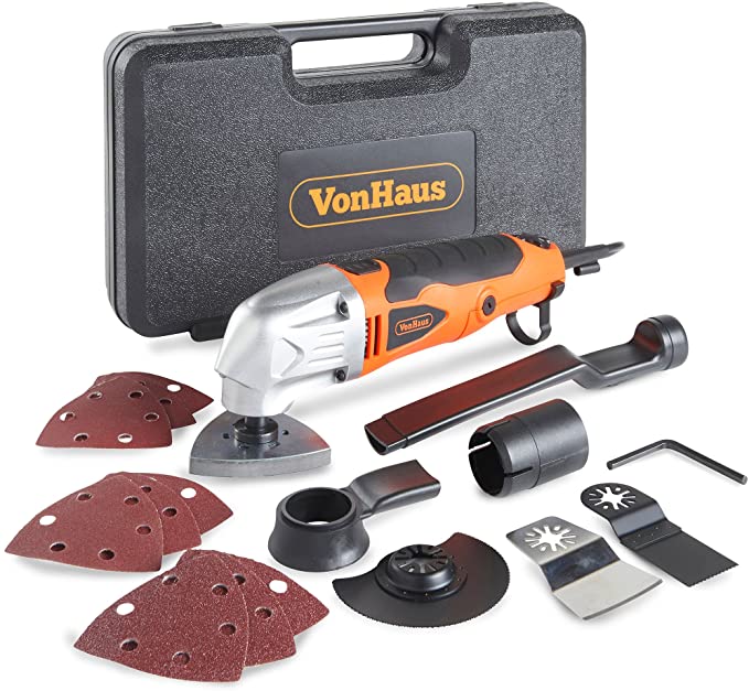 VonHaus 280W Oscillating Multitool / Detail Sander / Precision Cutter / Scraper / Grinder - 10,000-21,000 Variable Speed Control - 15pc Accessory Kit - Sanding Pads, Dust Extraction, Storage Case - 220-240V Corded Compact Design