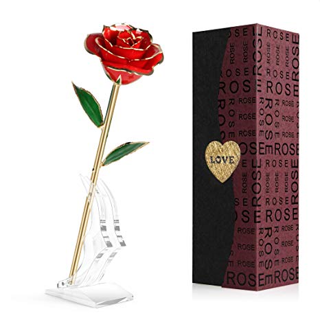 HOKEKI 24k Gold Rose Gold Foil Artificial Forever Rose Gold Dipped Real Flower with Transparent Stand and Gift Box Unique Valentine’s Day Anniversary Birthday Gifts for Her (Red)