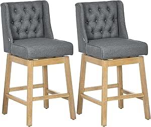 HOMCOM Bar Height Bar Stools Set of 2, 180 Degree Swivel Barstools, 30" Seat Height Bar Chairs with Solid Wood Footrests and Button Tufted Design, Gray