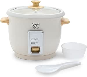 GreenLife 6-Cup Rice Cooker Steamer, PFAS Free Removable Ceramic Nonstick Pot, Auto Presets, Wood Print Handle, Keep Warm Function, One Touch Design, Dishwasher Safe, Measuring Cup, Rice Paddle, Cream