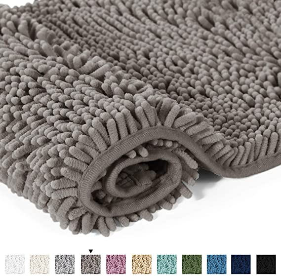 Chenille Bath Rugs Mat Non-Slip Bathroom Rug Shag Shower Mat Machine-Washable Bath Mats with Water Absorbent Soft Microfibers, 20" W x 32" L, Dark Grey