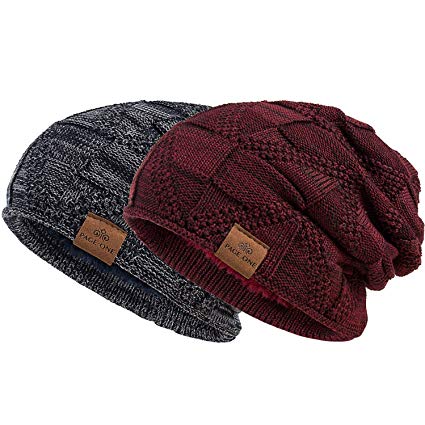 PAGE ONE Mens Winter Slouchy Beanie Warm Fleece Lined Skull Cap Baggy Cable Knit Hat