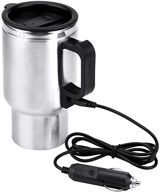 Car Heating Cup, Stainless Steel Travel Heating Cup, Electric Heated Coffee Mug for Heating Water, Coffee, Milk and Tea with Charger, 450ml, 12V