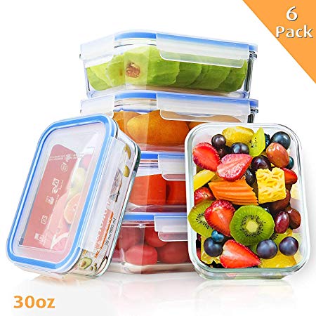 Enther 6 Pack 30 oz Glass Food Storage Containers Meal Prep with Lids Airtight Bento Box for Lunch Oven/Freezer/Dishwasher/Microwave Safe Leakproof, 12 Pieces, Clear