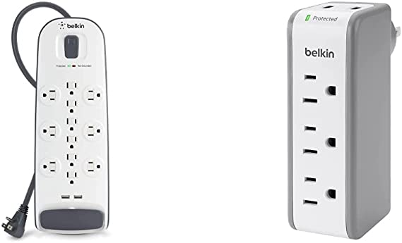 Belkin USB Power Strip Surge Protector, White (3,996 Joules) & Wall Mount Surge Protector - 3 AC Multi Outlets & 2 USB Ports - Flat Rotating Plug Splitter - Wall Outlet Extender