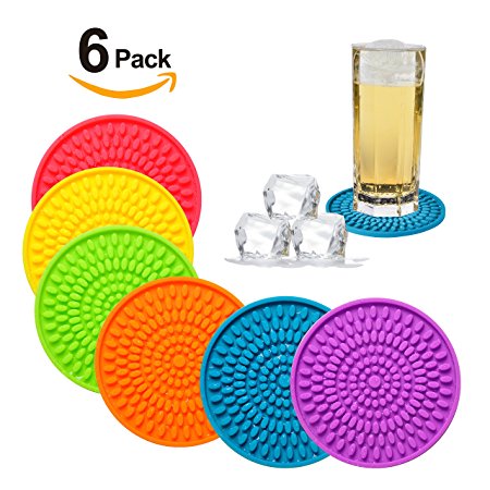 Silicone Drink Coasters Set of 6-Deep Tray,Large 4.3 inches Size Protect Table Desk From Drinks, Beverage,Water or Alcohol Like Whiskey, Beer, Wine,Tropical Cocktails by Kindga (Rainbow-Oval)