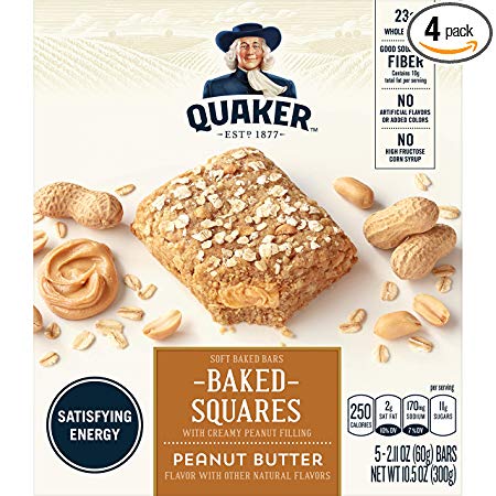 Quaker Breakfast Squares, Soft Baked Bars, Peanut Butter, 5 Bars (Pack of 4)