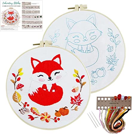 Louise Maelys Animal Embroidery Starter Kit Full Range of Cross Stitch Needlepoint Kit with Fox Pattern for Adults Beginners