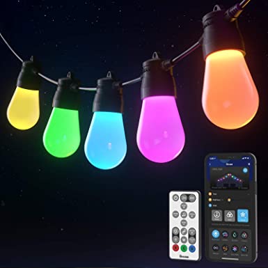 Govee Smart 48ft RGBW Outdoor String Lights, App and Remote Control, IP65 Water Resistant 15 LED Bulbs with DIY and 8 Scene Modes, Connectable and Dimmable for Garden, Porch, Backyard, Party, Yard