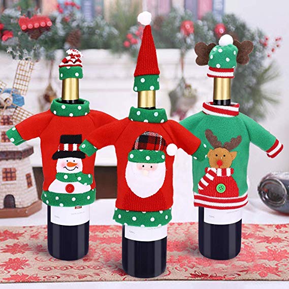 KeeQii 3pcs Christmas Wine Bottle Cover Santa Snowman Reindeer Wine Bottle Sweater for Christmas Home Party Decorations (Santa Claus, Snowman and Reindeer)