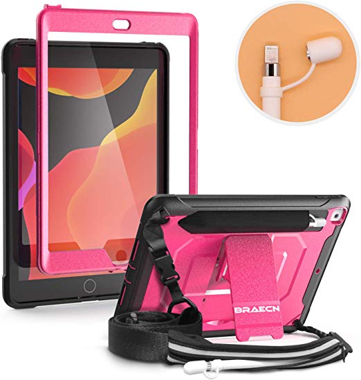 BRAECN iPad 10.2 2019 Case,with Shoulder Strap,Kickstand,Built-in Screen Protector,Pencil Holder & Storage Pencil Pouch,Pencil Cap Holder,Full-Body Rugged Cover for 7th generation iPad 10.2 case -Pink