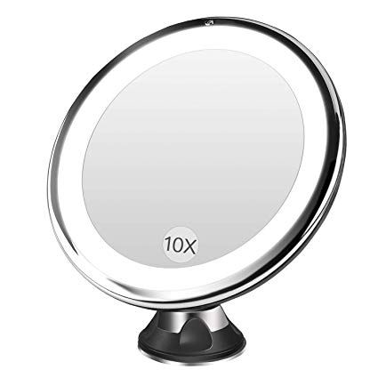 BESTOPE Makeup Mirror 10x Magnifying 16 Led Vanity Mirror with 360°Rotation Locking Suction, Battery Operated, Cordless Portable Natural Dimmable Bathroom Mirror