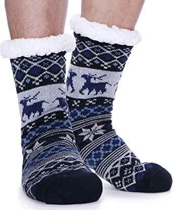 Men Slipper Fluffy Socks Fuzzy Fleece lined Cabin Warm Plush Cozy Non Skid Winter Deer Socks with Gripper