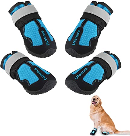 Ufanore Dog Boots, Outdoor Waterproof Dog Shoes with Reflective and Adjustable Velcro Rugged Anti-Slip Sole for Small to Large Dogs 4 Pcs