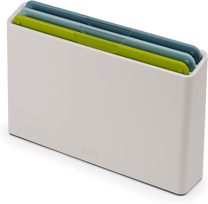 Joseph Joseph Duo 3-Piece Colour Coded Chopping Board Set with Slimline case for organised Storage, Opal