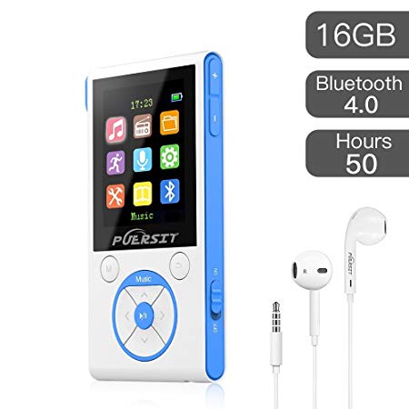 PUERSIT 16GB MP3 Player with Bluetooth, Portable Music Player FM Radio Voice Recorder HiFi Lossless Sound for Sports 50 Hours Playback and Expandable Up to 128GB TF Card(White Blue).