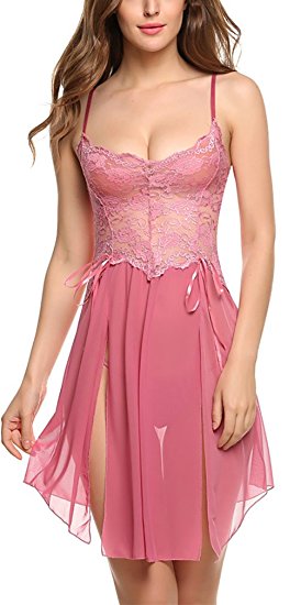 Bluetime Women's Lace Floral Lingerie See Through Slit Chemise Babydoll