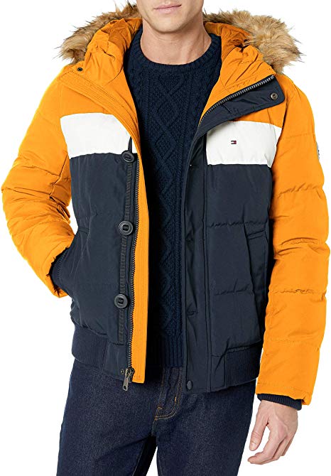 Tommy Hilfiger Men's Arctic Cloth Quilted Snorkel Bomber Jacket with Removable Faux Fur Trimmed Hood