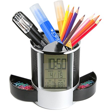 Geekdigg Multifunctional Pen Holder Pencil Container Digital LED Desk Clock Mesh with Calendar Timer Alarm Clock Thermometer 2 Small Drawer (Black)