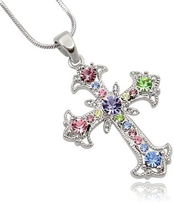 Pastel Yellow, Blue, Pink, Purple, Green Crystal Cross Silver Tone Necklace