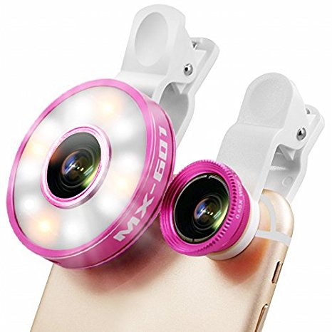 Fisheye Lens With Selfie Ring Light, Phone Camera Lens Kit With Ring Light [180 Fisheye 0.65x Wide Angle 10x Macro]For Cell Phone, iphone 7/6S/ Plus, Samsung S7/S6/edge, Pink