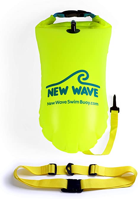 New Wave Swim Buoy for Open Water Swimmers and Triathletes - Light and Visible Float for Safe Training and Racing (Neon Green PVC Medium-15L)