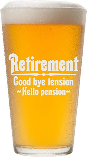 Retirement Gift Beer Glass for Men, Goodbye Tension, Hello Pension Etched 16 oz Pint Glass - PG16