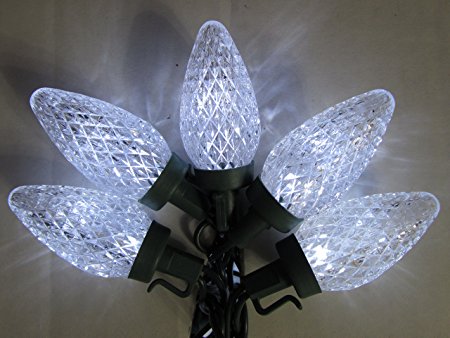 Holiday Essentials 25 Diamond Cut C9 LED Lights with Green Wire - Indoor / Outdoor Use - UL Listed - Energy Star Rated (Cool White)