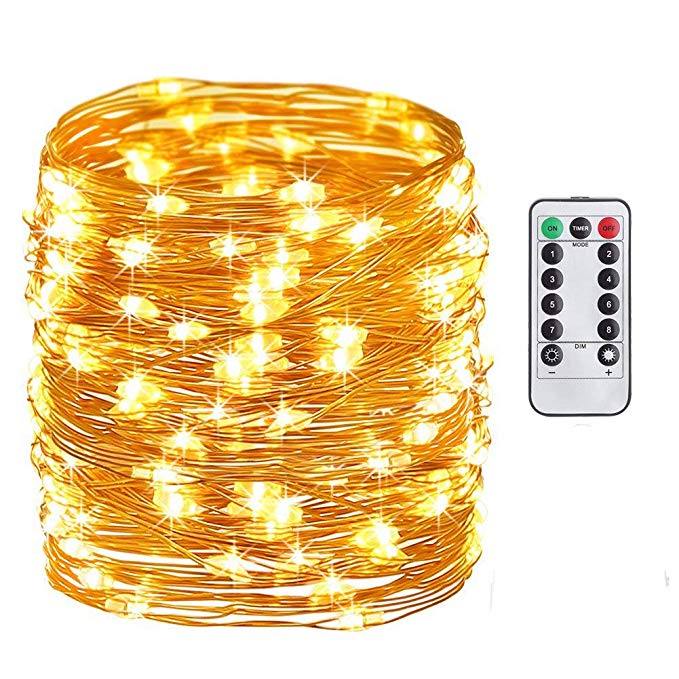 iTechShop Battery Operated String Lights, 33ft 100 LED String Lights Dimmable with Remote Control for Outdoor, Bedroom, Patio, Garden, Christmas, Party, Wedding (Waterproof, Copper Wire, Warm White)