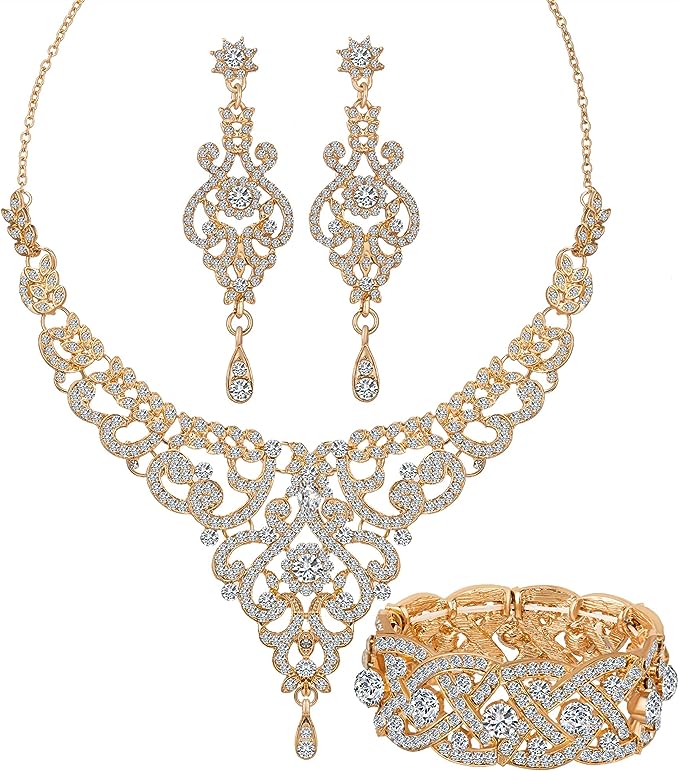 Paxuan Silver Gold Plated Wedding Jewelry Sets Bridal Necklace Rhinestone Earrings Bracelets