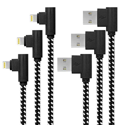 iPhone Charger Cable, 3 Pack Nylon Braided USB Fast Charging&Syncing Cell-Phone 90 Degree Lightning Cable Long Cord Compatible iPhone XS/Max/XR/X/8P/8/7/7P/6/5/iPad/iPod (Black&White 3/6/10FT)