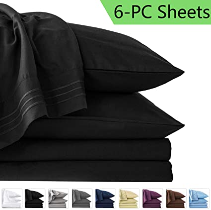 LIANLAM Queen 6 Piece Bed Sheets Set - Super Soft Brushed Microfiber 1800 Thread Count - Breathable Luxury Egyptian Sheets Deep Pocket - Wrinkle and Hypoallergenic(Queen, Black)