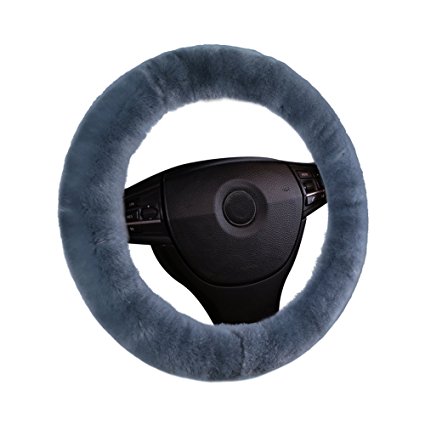 U&M Car Stretch-on Steering Wheel Cover Soft Australian Natural Sheepskin Luxurious Wool Vehicle Non-slip Wheel Cushion Protector Available for 35cm-43cm