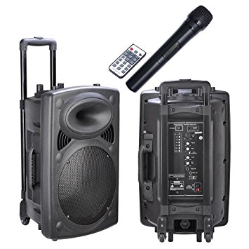 AW Portable 1200W Active PA Speaker Mic Guitar AMP Bluetooth USB SD LCD FM Remote w/ Wireless Microphone