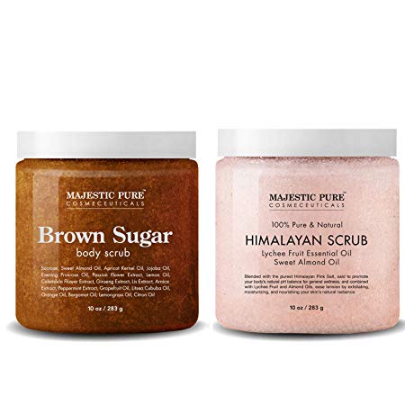 Majestic Pure Himalayan Salt Body Scrub & Brown Sugar Scrub Set – All Natural Scrubs for Skin Care – Exfoliate and Moisturize, Reduce the Look of Spider Veins, Eczema, Stretch Marks, Acne & Cellulite