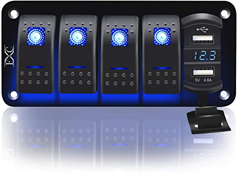 Purishion 4 Gang Rocker Switch Aluminum Panel with Voltmeter & Dual USB(4.8 Amps) Fast Charger, Blue Backlit Led, Pre-Wired IP65 Waterproof for Marine, Boat, Car, Truck, Polaris, Jeep (Blue)