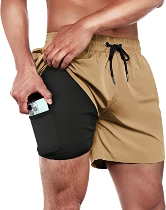 BRISIRA Swim Trunks Men Swim Shorts Quick Dry 5 inch Inseam Beach Shorts with Compression Liner and Zipper Pocket