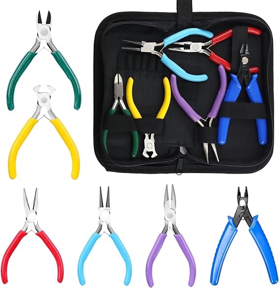 7Pcs Jewelry Pliers Set Includes Long Nose Pliers, Diagonal Wire Cutter, Round Nose Bent Nose Pliers, End Cutting Pliers, Bead Crimping Pliers with Storage Bag for Jewelry Making
