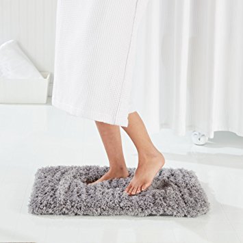 Genteele Non-Slip Memory Foam Shaggy Bathroom Mat, Water Absorbent, Super Plush Bath Mat, Washable Bathroom Rug, 17" X 24", Gray