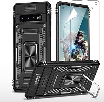 YmhxcY For Samsung Galaxy S10 Case,with [2 Packs] Screen Protector,Military grade protective phone case，Slide Camera Cover,360° Rotate Ring metal Stand, for Samsung Galaxy S10 6.1 Inch-Black