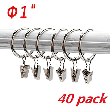T O K G O 40-pack Silver Metal Curtain Rings with Clips (1", Silver)